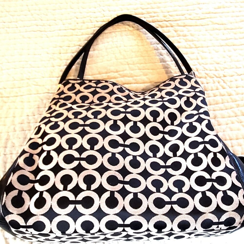 Genuine Coach Black Leather Handbag, Medium-Sized with Double C Logo Fabric